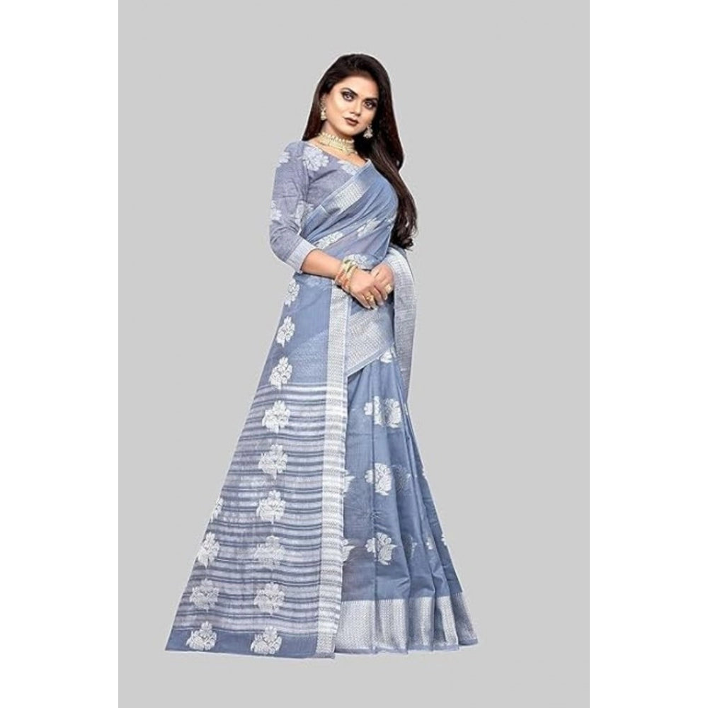 Women's Cotton Silk Floral Saree With Unstitched Blouse (Grey, 5.5 Mtr)