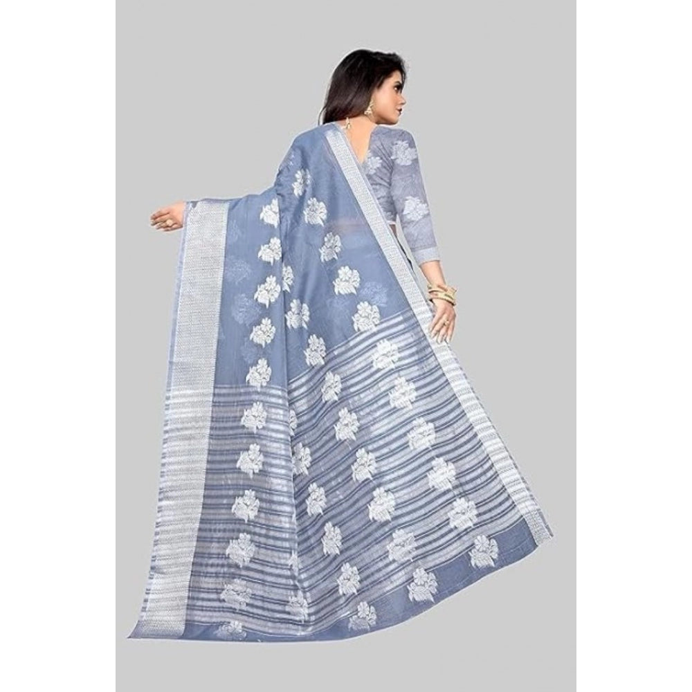 Women's Cotton Silk Floral Saree With Unstitched Blouse (Grey, 5.5 Mtr)