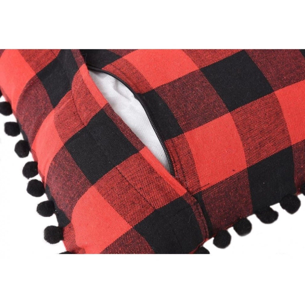 Generic Pack Of_2 Cotton Checkered Cushion Cover With Pom Pom (Red & Black, Size: 12x20 In)