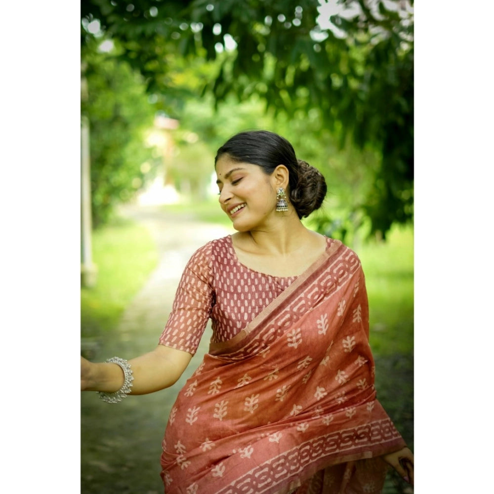 Women's Cotton Printed Saree With Unstitched Blouse (Orange, 5.5 Mtr)