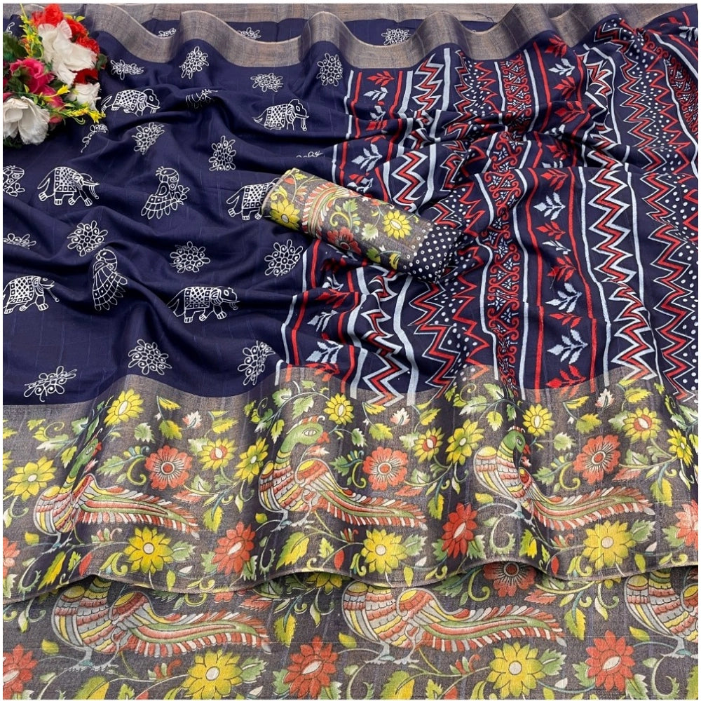 Women's Silk Blend Printed Saree With Unstitched Blouse (Dark Blue, 5-5 Mtrs)