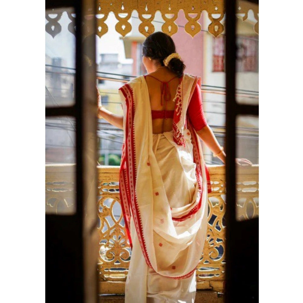 Women's Cotton Printed Saree With Unstitched Blouse 5.5Mtr (White)