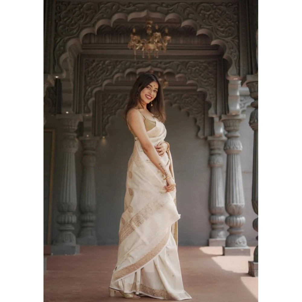 Women's Cotton Printed Saree With Unstitched Blouse 5.5Mtr (Cream)