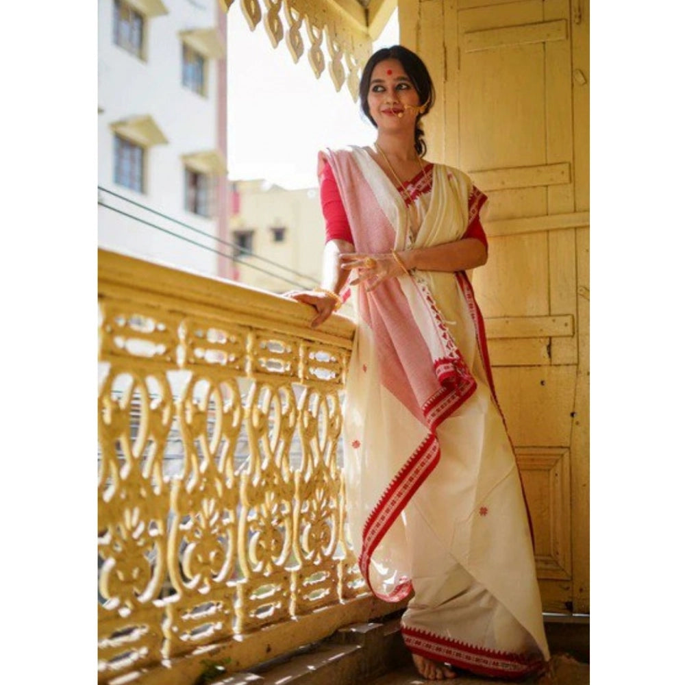 Women's Cotton Printed Saree With Unstitched Blouse 5.5Mtr (White)