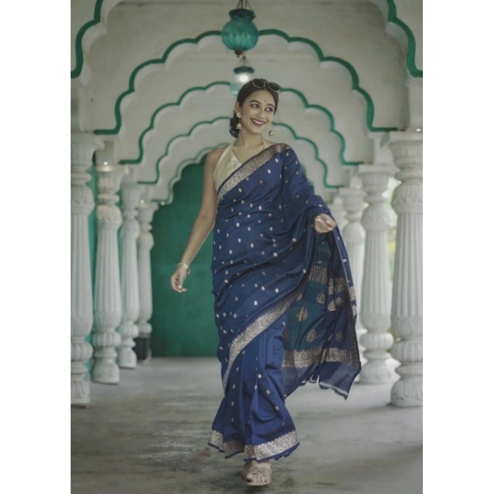 Women's Cotton Printed Saree With Unstitched Blouse 5.5Mtr (Navy Blue)
