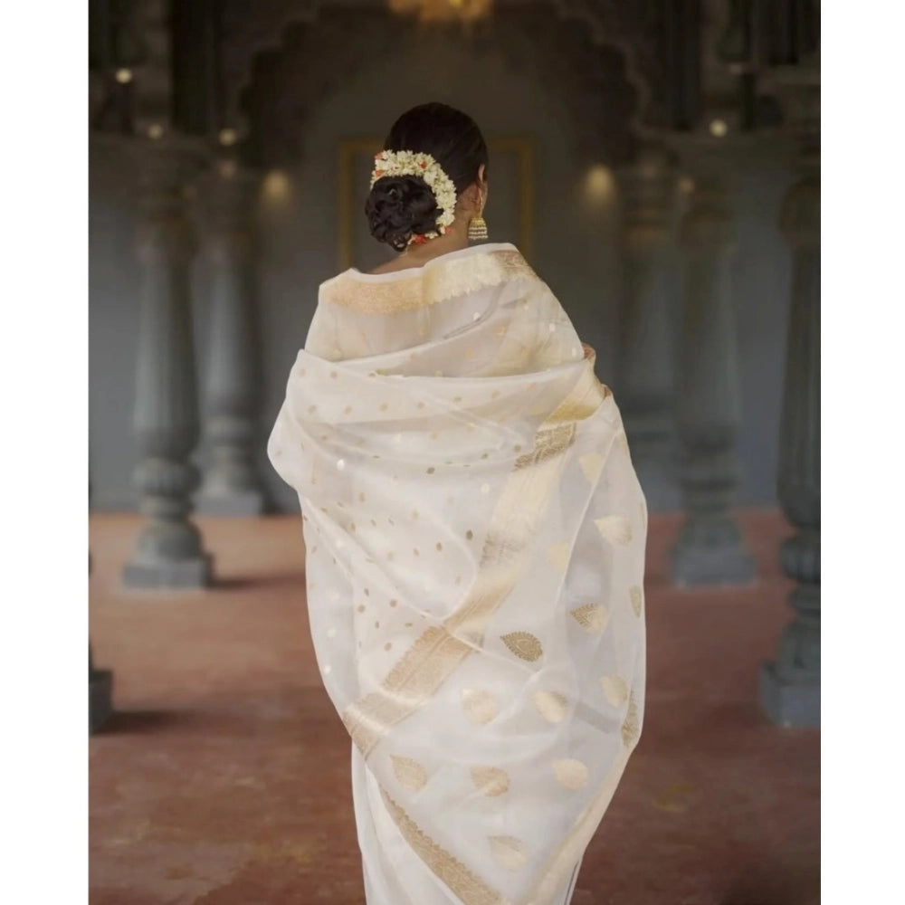 Women's Cotton Printed Saree With Unstitched Blouse 5.5Mtr (White)