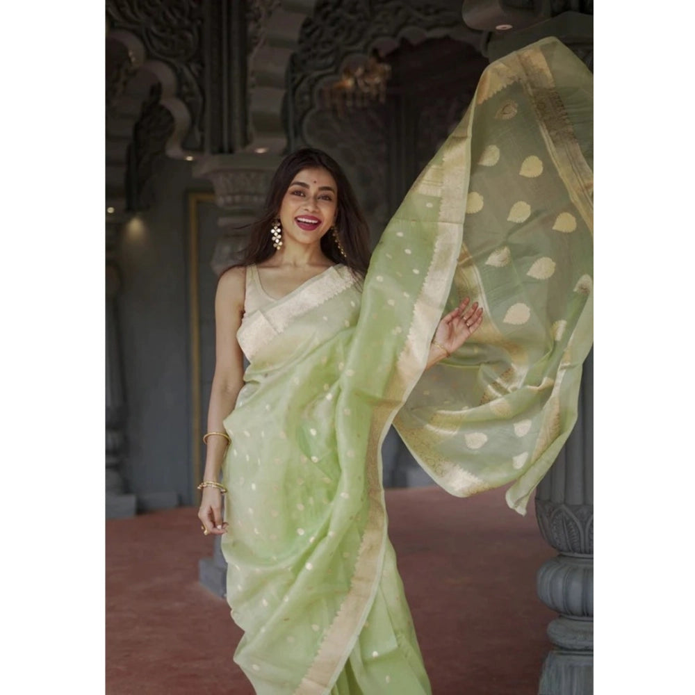 Women's Cotton Printed Saree With Unstitched Blouse 5.5Mtr (Pista)