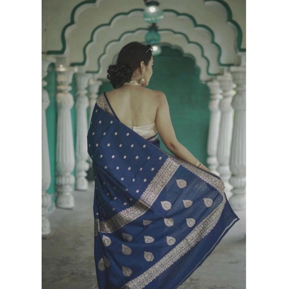 Women's Cotton Printed Saree With Unstitched Blouse 5.5Mtr (Navy Blue)