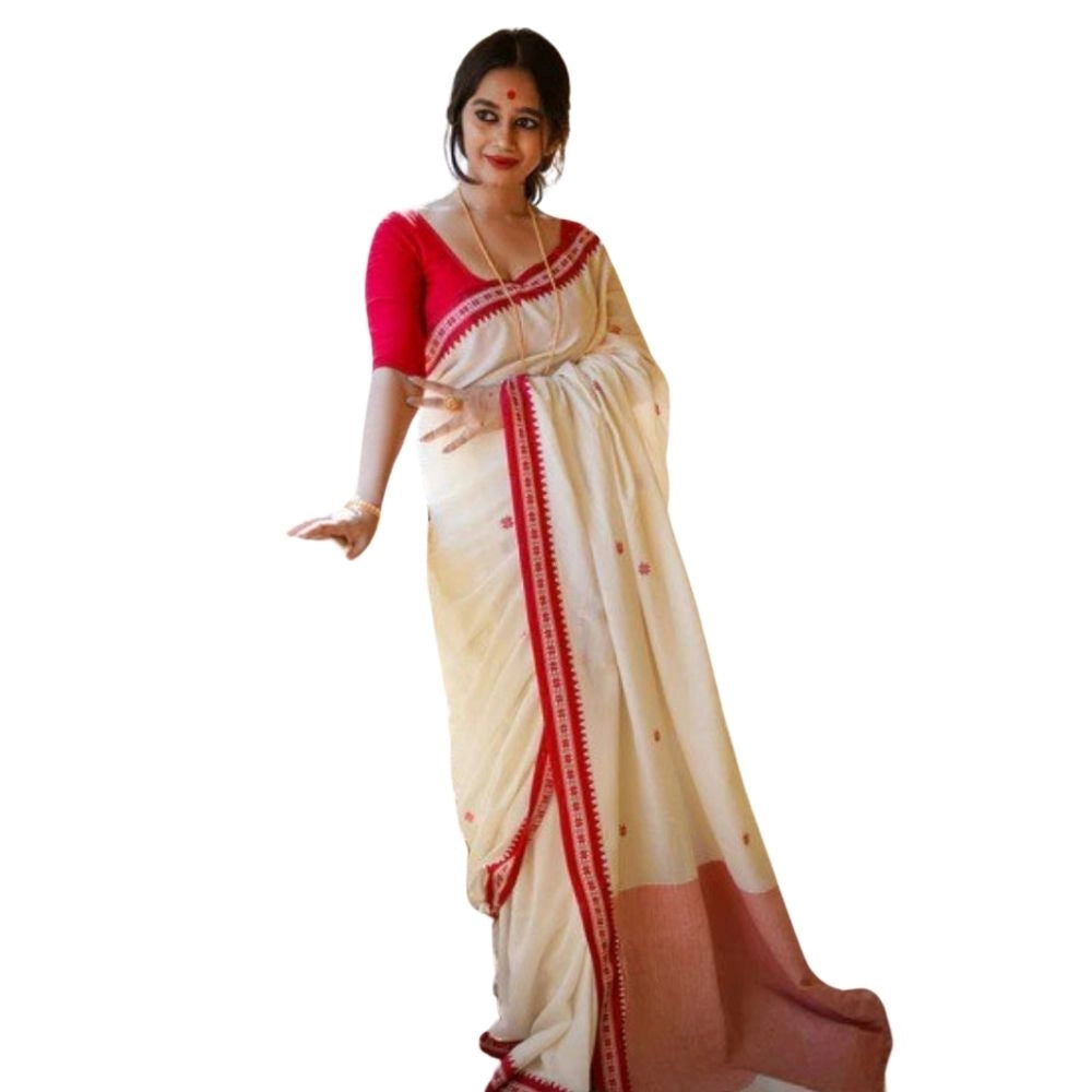 Women's Cotton Printed Saree With Unstitched Blouse 5.5Mtr (White)