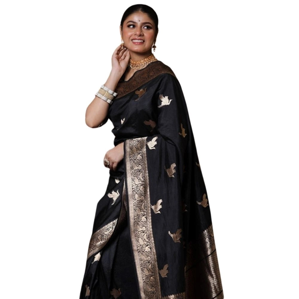 Women's Silk Printed Saree With Unstitched Blouse 5.5Mtr (Black)