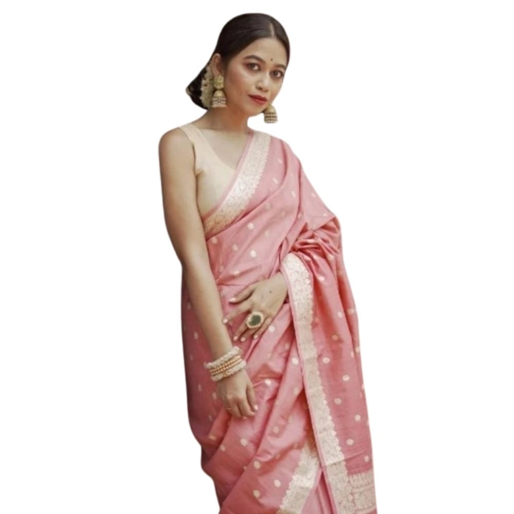 Women's Cotton Printed Saree With Unstitched Blouse 5.5Mtr (Peach)