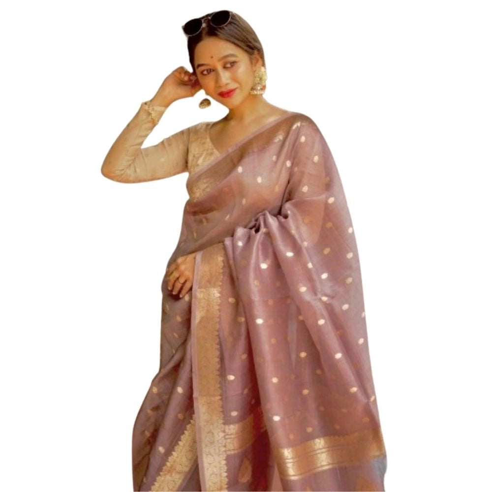 Women's Cotton Printed Saree With Unstitched Blouse 5.5Mtr (Rose Gold)