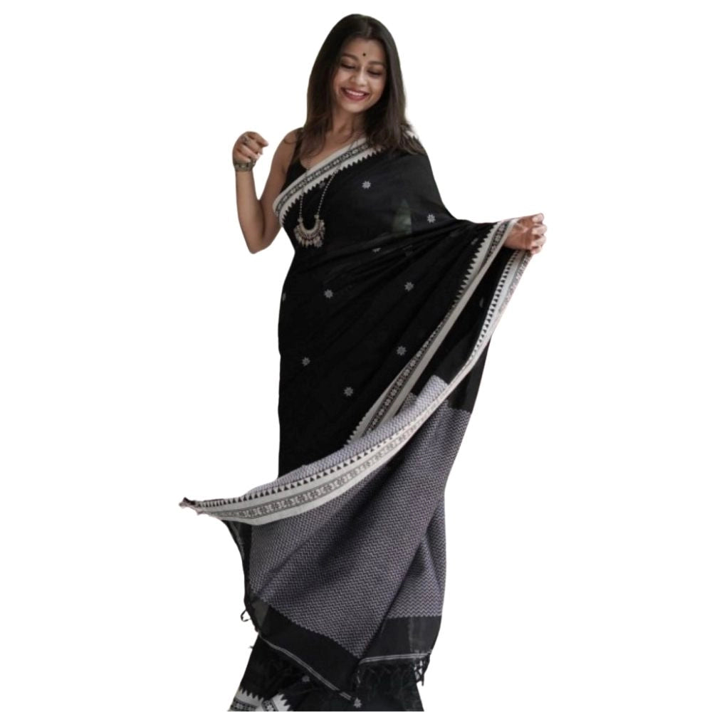 Women's Cotton Printed Saree With Unstitched Blouse 5.5Mtr (Black)