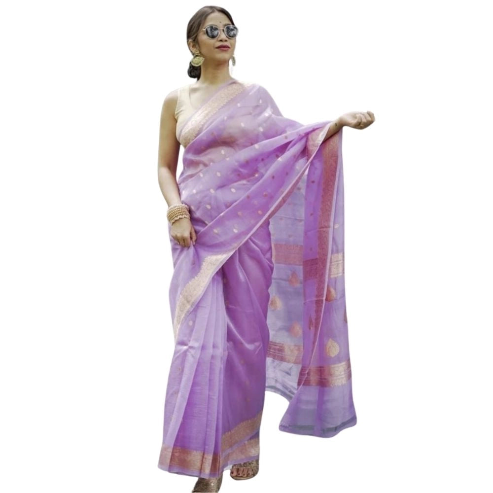 Women's Cotton Printed Saree With Unstitched Blouse 5.5Mtr (Lavender)