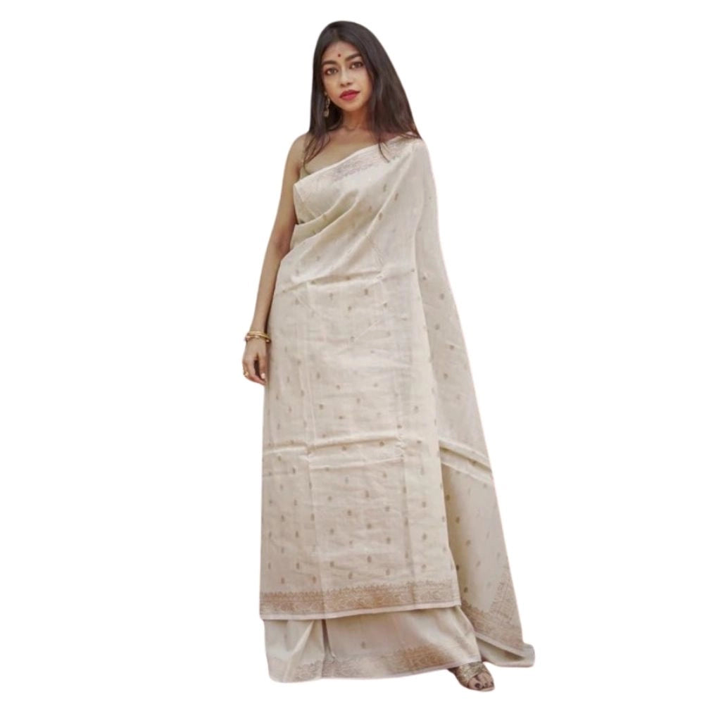 Women's Cotton Printed Saree With Unstitched Blouse 5.5Mtr (Cream)