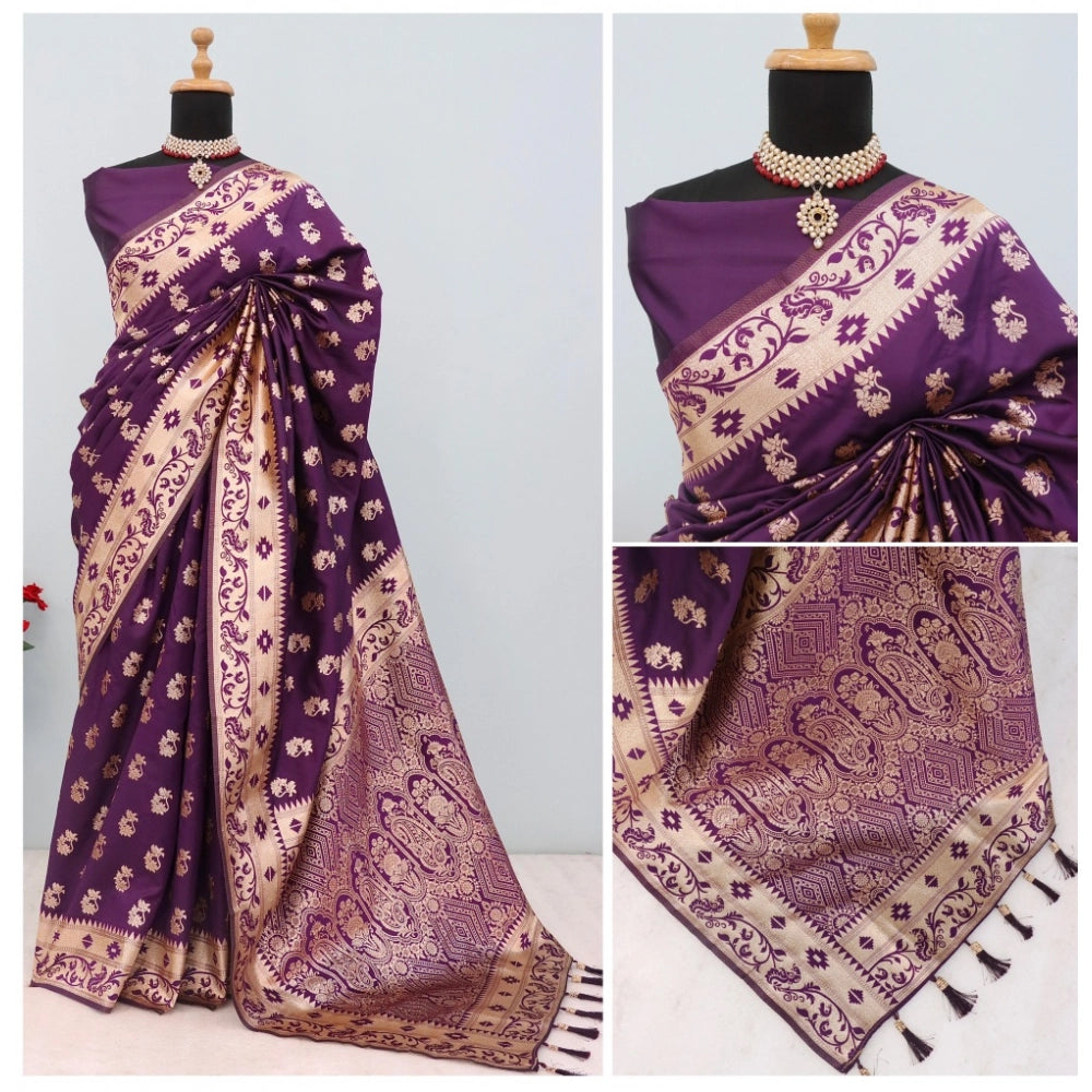 Women's Satin Printed Saree With Unstitched Blouse 5.5Mtr (Purple)