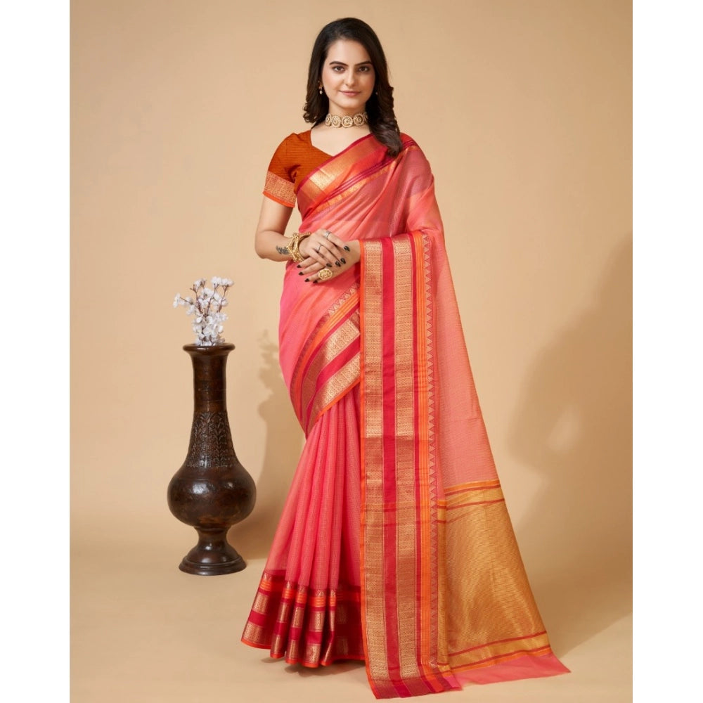 Women's Cotton Blend Woven Saree With Unstitched Blouse (5.5Mtr, Pink)