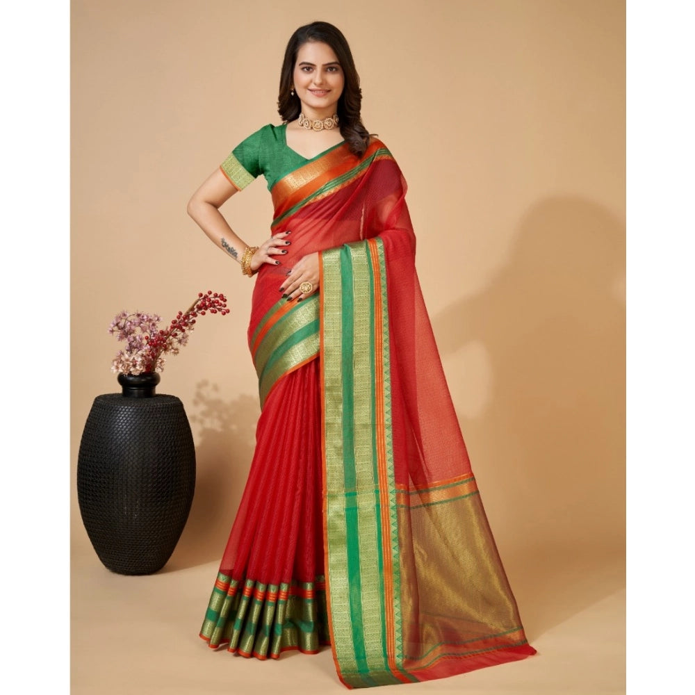 Women's Cotton Blend Woven Saree With Unstitched Blouse (5.5Mtr, Red)