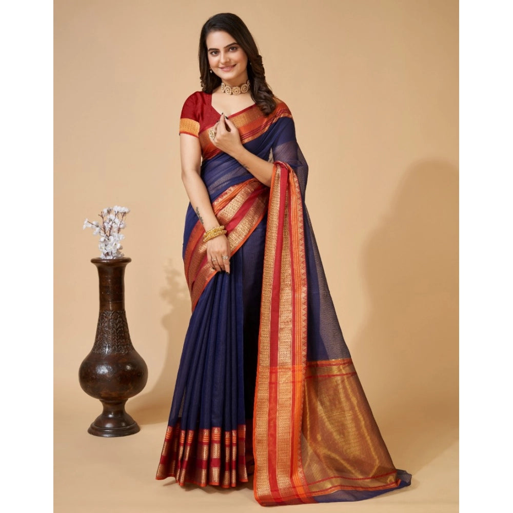 Women's Cotton Blend Woven Saree With Unstitched Blouse (5.5Mtr, Navy Blue)