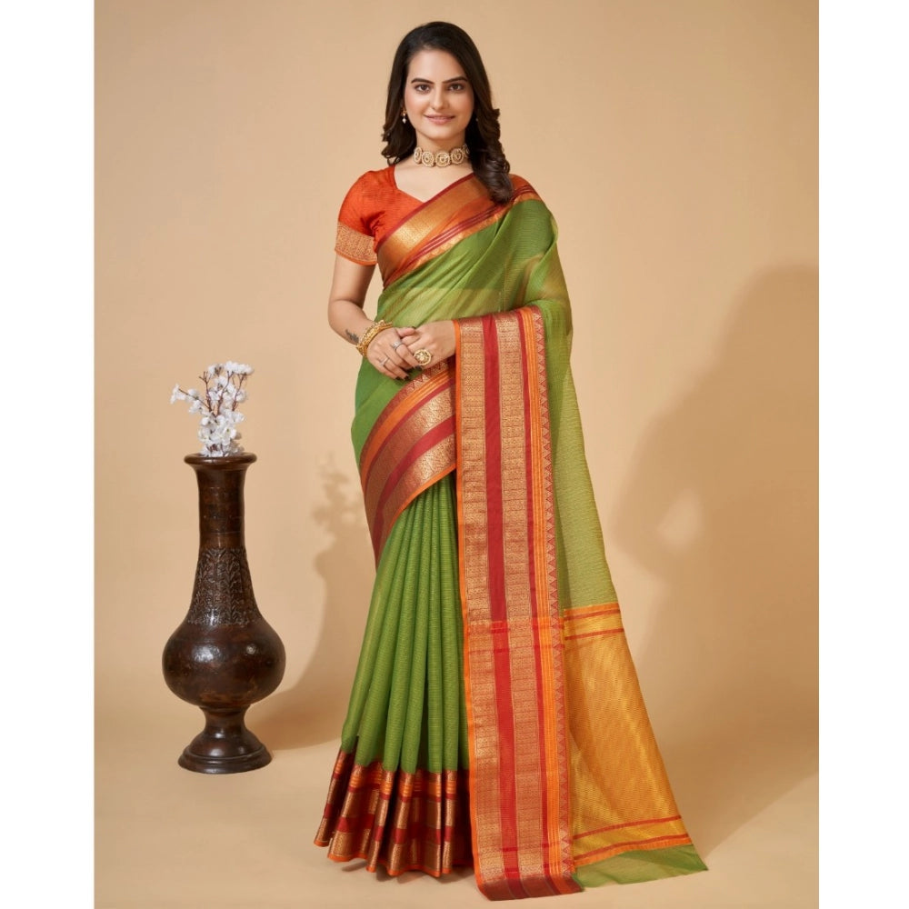 Women's Cotton Blend Woven Saree With Unstitched Blouse (5.5Mtr, Green)