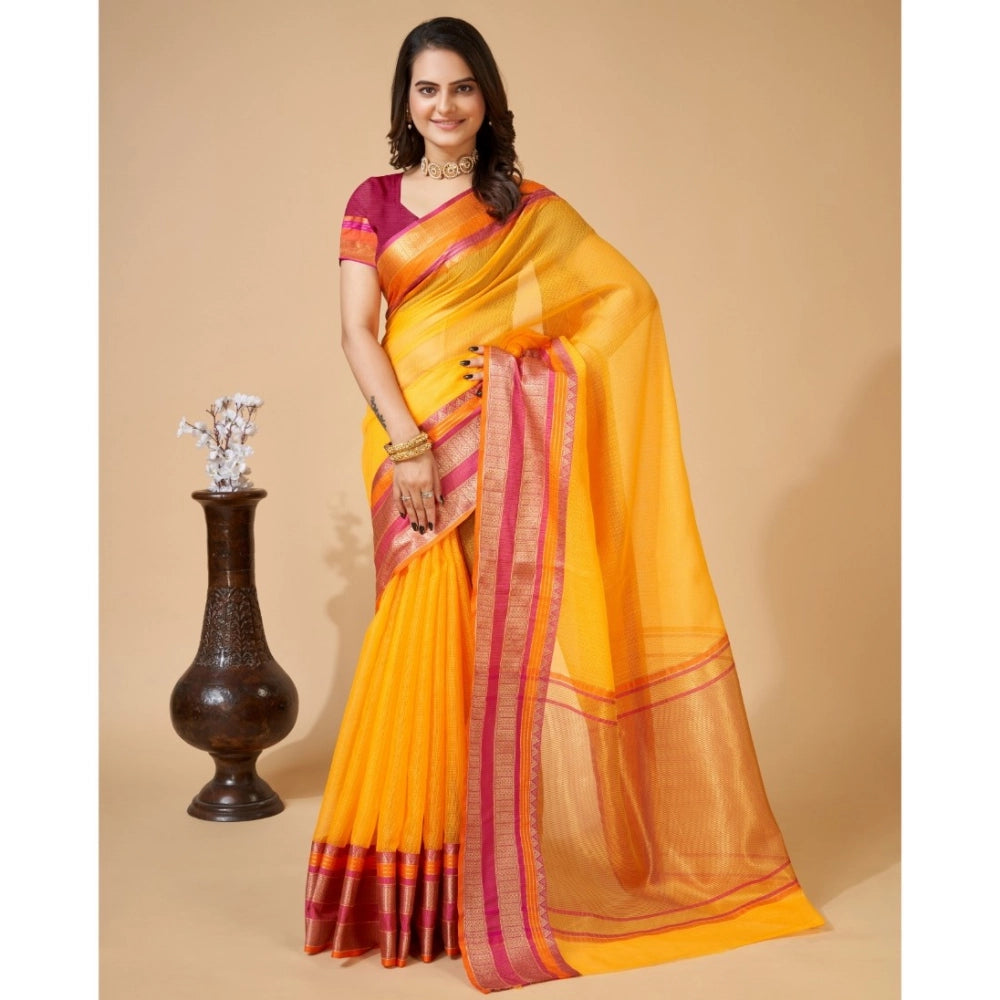 Women's Cotton Blend Woven Saree With Unstitched Blouse (5.5Mtr, Yellow)