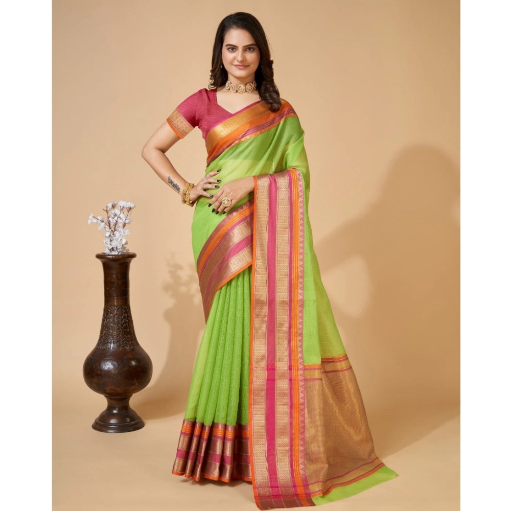 Women's Cotton Blend Woven Saree With Unstitched Blouse (5.5Mtr, Light Green)
