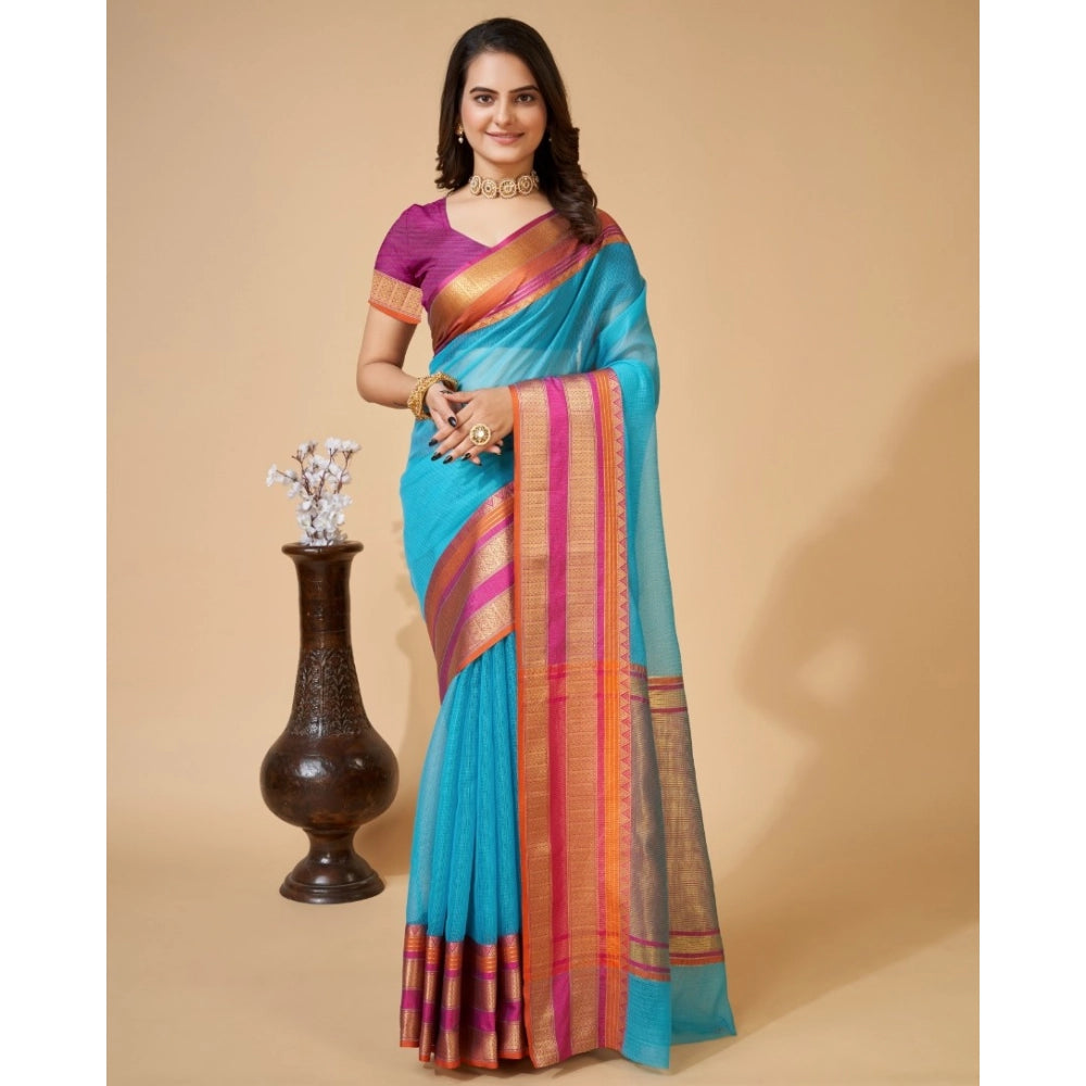 Women's Cotton Blend Woven Saree With Unstitched Blouse (5.5Mtr, Blue)