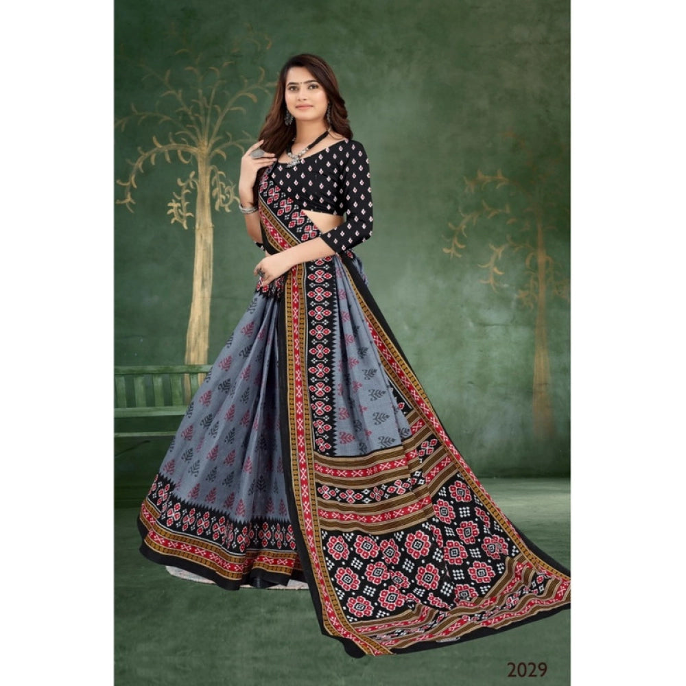 Women's Soft Pure Cotton Printed Saree With Unstitched Blouse 5.5Mtr (Grey)