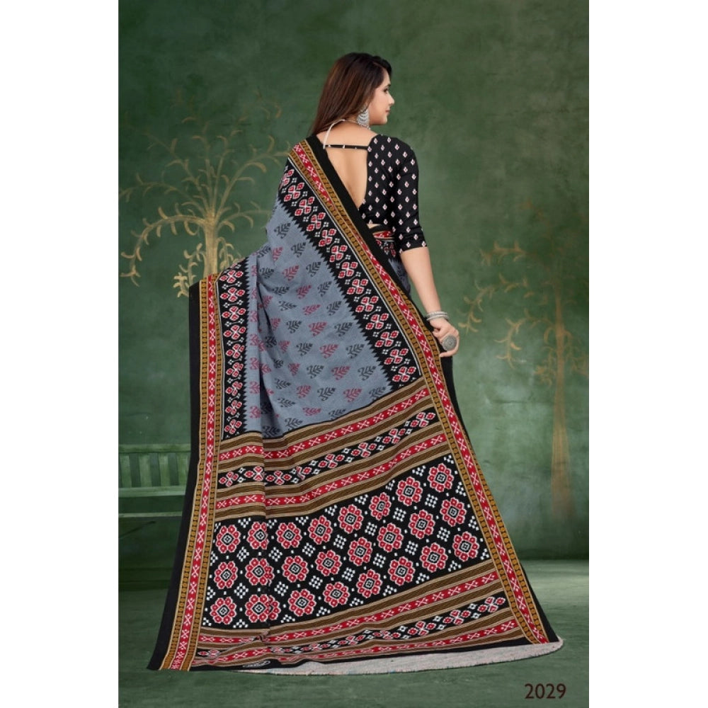 Women's Soft Pure Cotton Printed Saree With Unstitched Blouse 5.5Mtr (Grey)