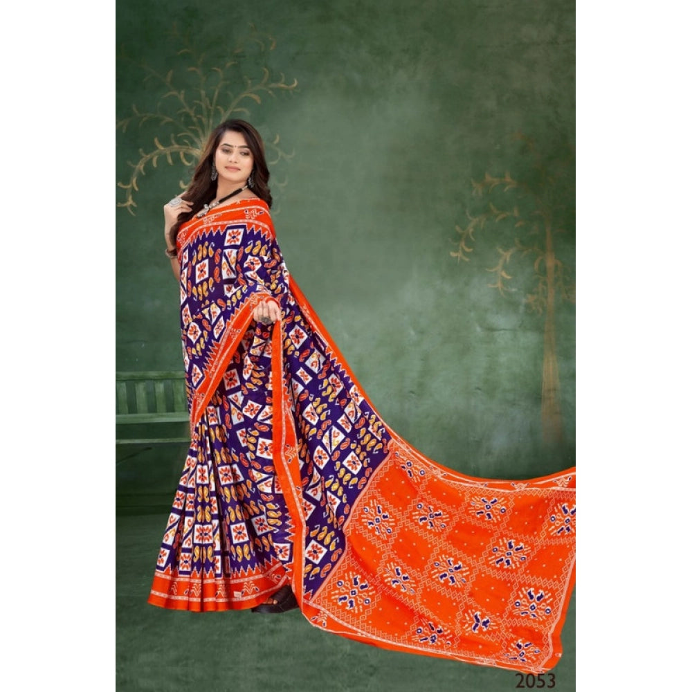 Women's Soft Pure Cotton Printed Saree With Unstitched Blouse 5.5Mtr (Orange)