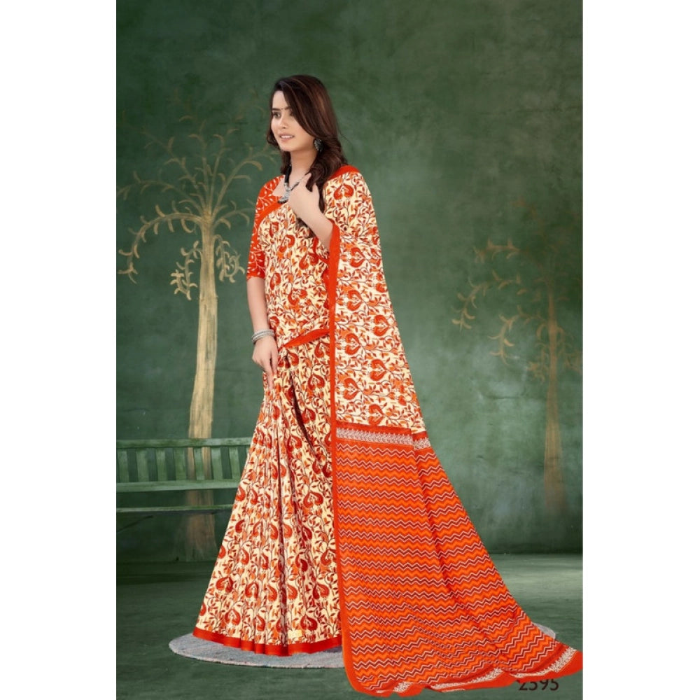 Women's Soft Pure Cotton Printed Saree With Unstitched Blouse 5.5Mtr (Orange)
