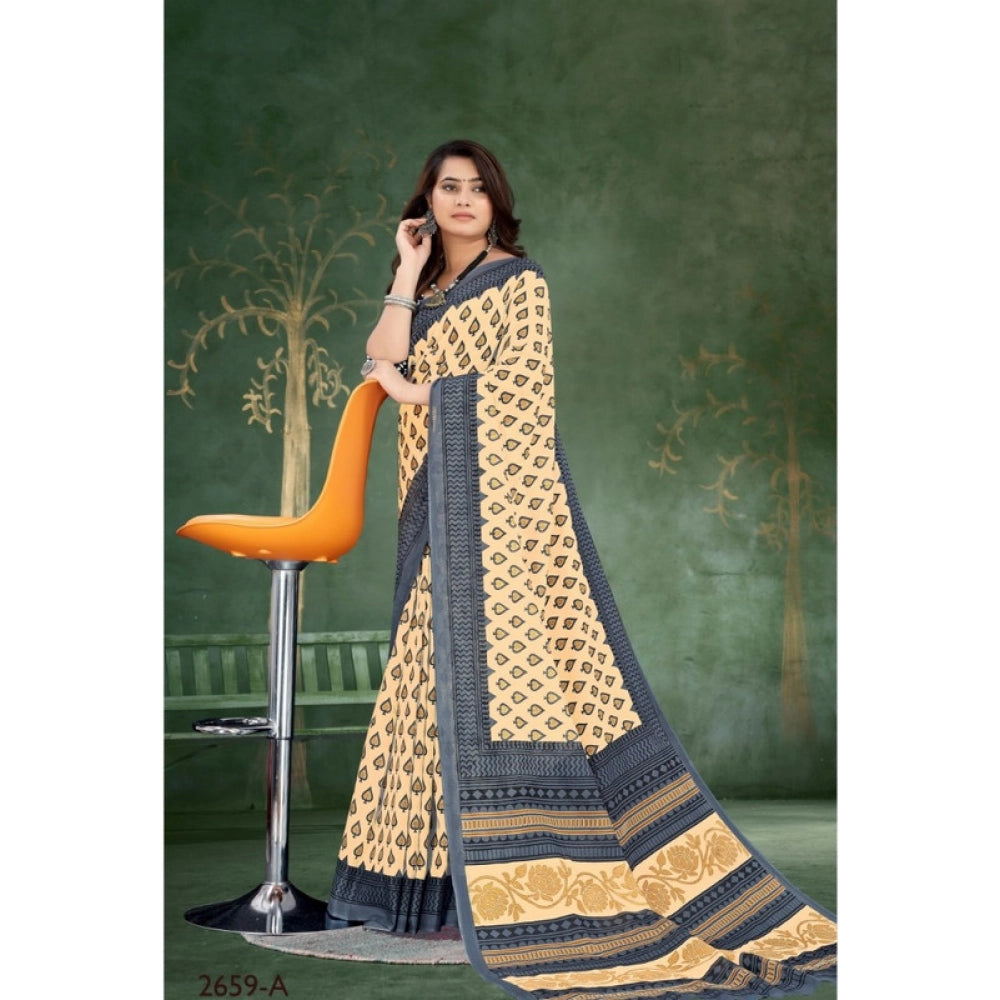 Women's Soft Pure Cotton Printed Saree With Unstitched Blouse 5.5Mtr (Cream)