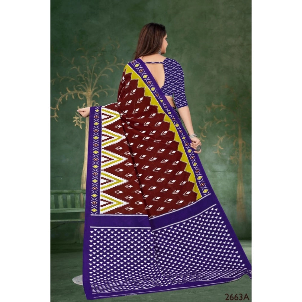 Women's Soft Pure Cotton Printed Saree With Unstitched Blouse 5.5Mtr (Brown)