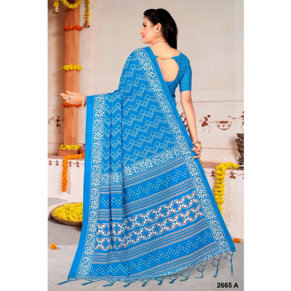 Women's Soft Pure Cotton Printed Saree With Unstitched Blouse 5.5Mtr (Sky Blue)