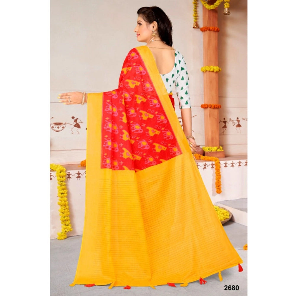 Women's Soft Pure Cotton Printed Saree With Unstitched Blouse 5.5Mtr (Red)
