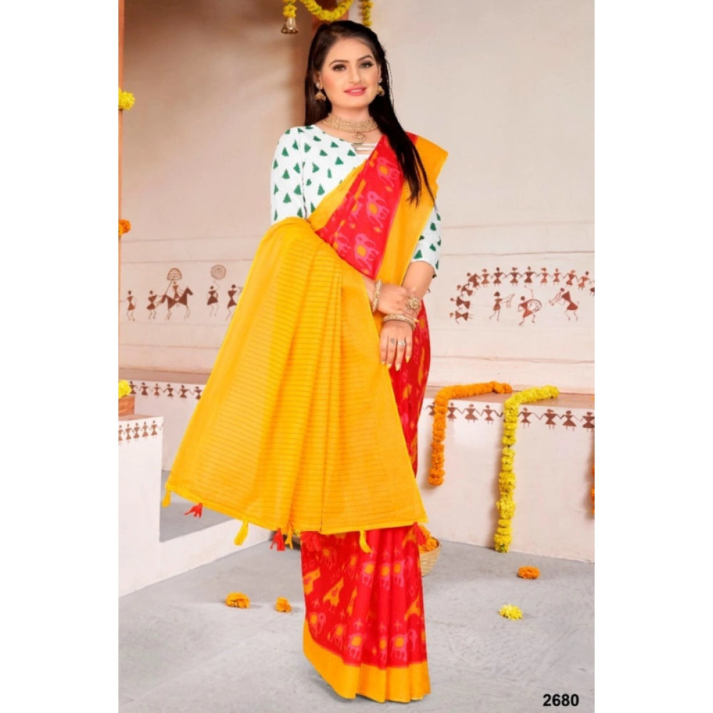 Women's Soft Pure Cotton Printed Saree With Unstitched Blouse 5.5Mtr (Red)