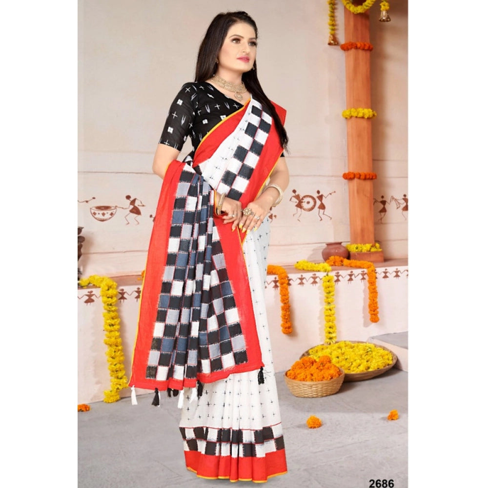 Women's Soft Pure Cotton Printed Saree With Unstitched Blouse 5.5Mtr (White)