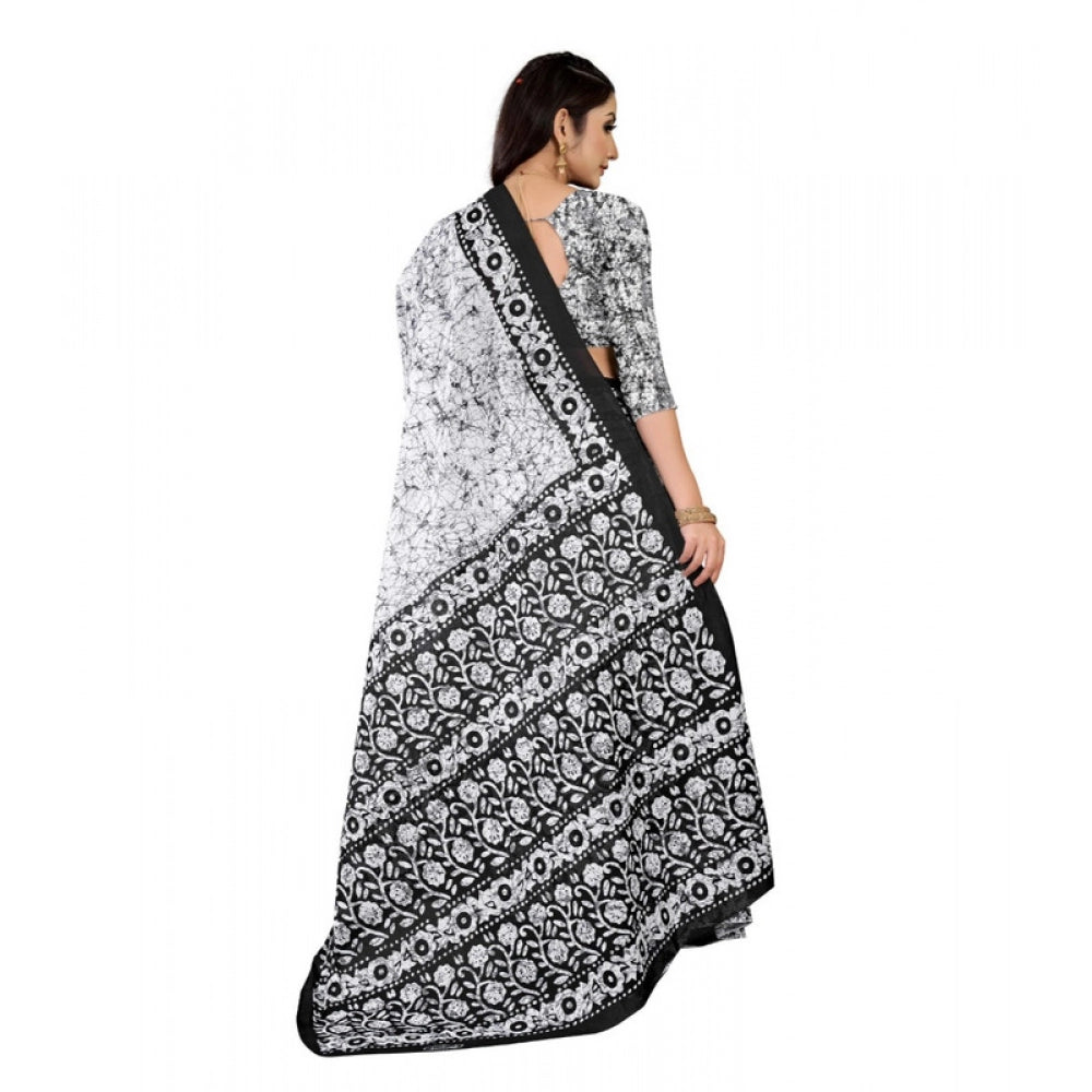 Women's Soft Pure Cotton Printed Saree With Unstitched Blouse 5.5Mtr (Black - White)