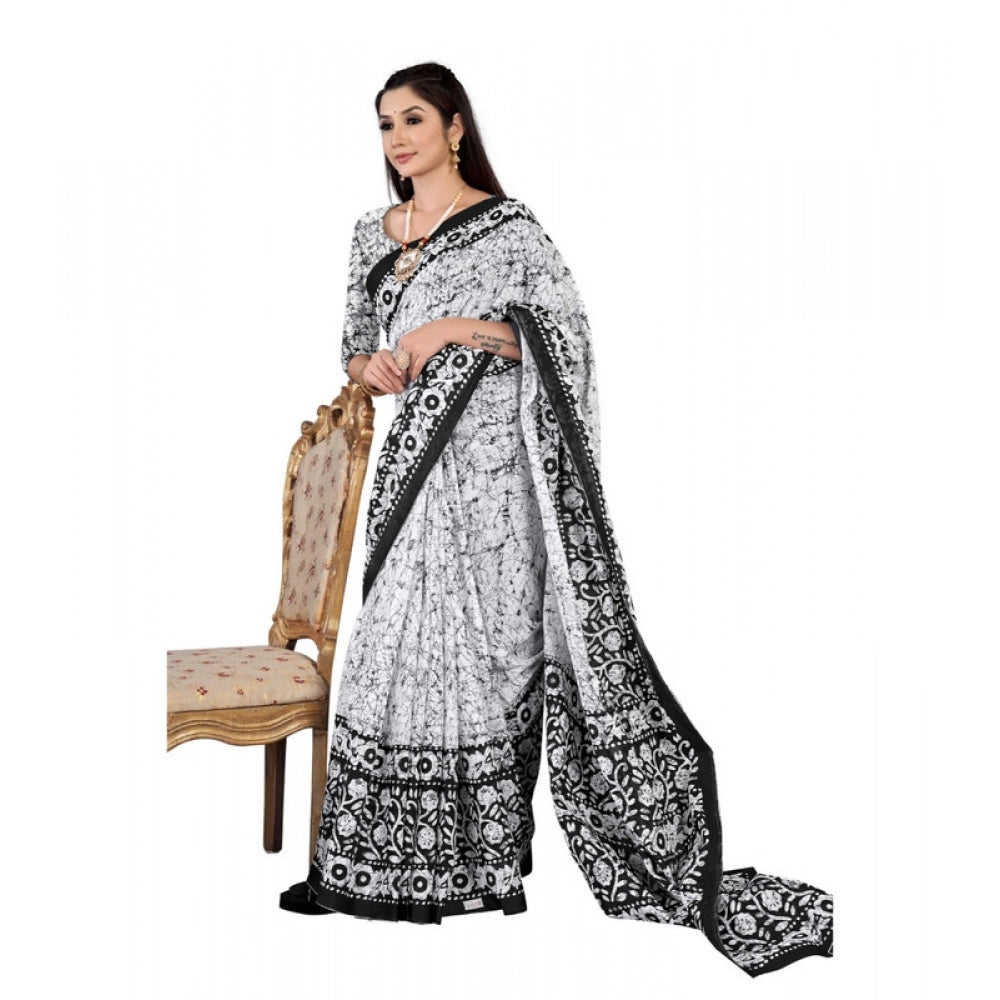 Women's Soft Pure Cotton Printed Saree With Unstitched Blouse 5.5Mtr (Black - White)