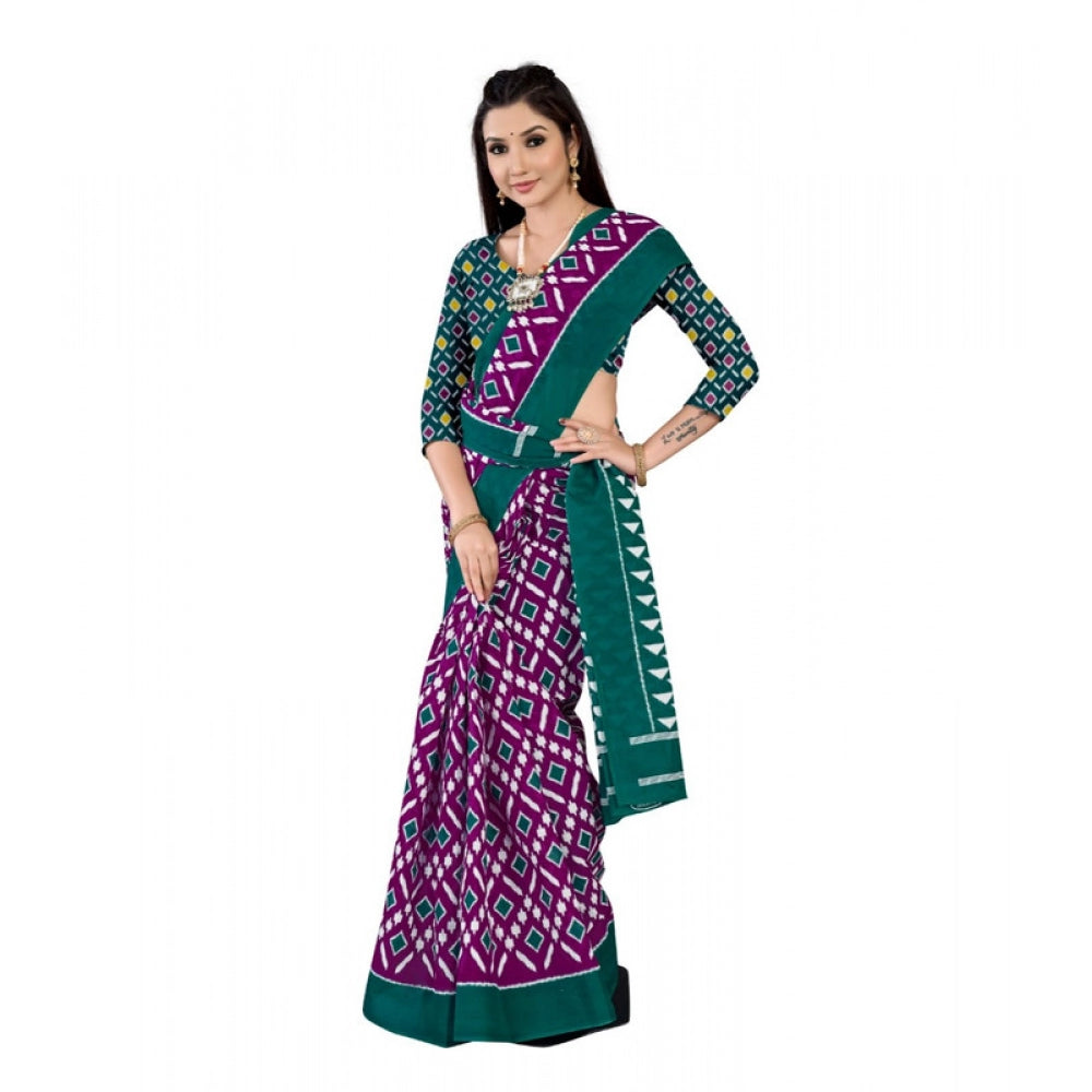 Women's Soft Pure Cotton Printed Saree With Unstitched Blouse 5.5Mtr (Purple)
