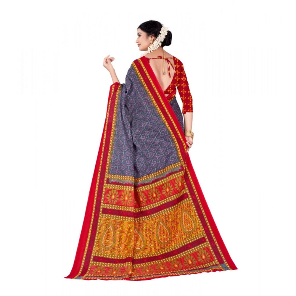 Women's Soft Pure Cotton Printed Saree With Unstitched Blouse 5.5Mtr (Grey)