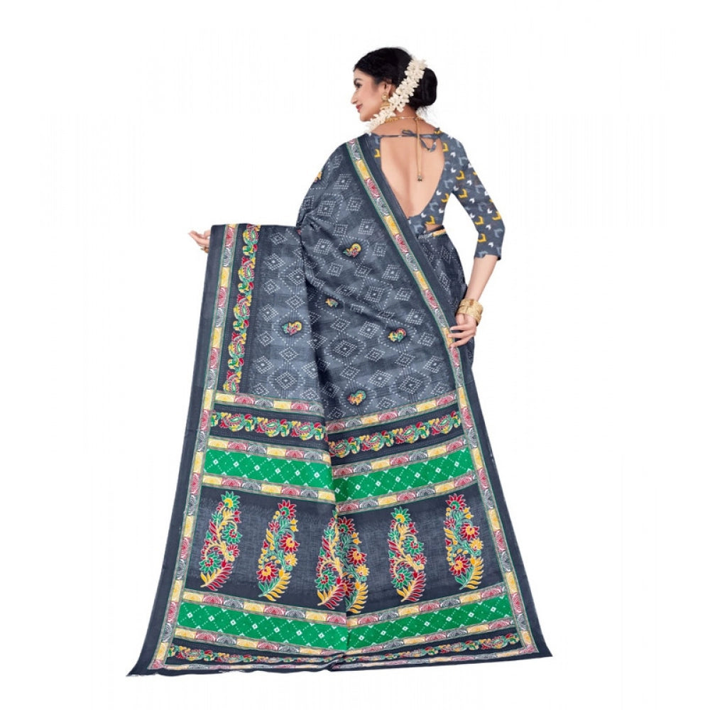 Women's Soft Pure Cotton Printed Saree With Unstitched Blouse 5.5Mtr (Grey)