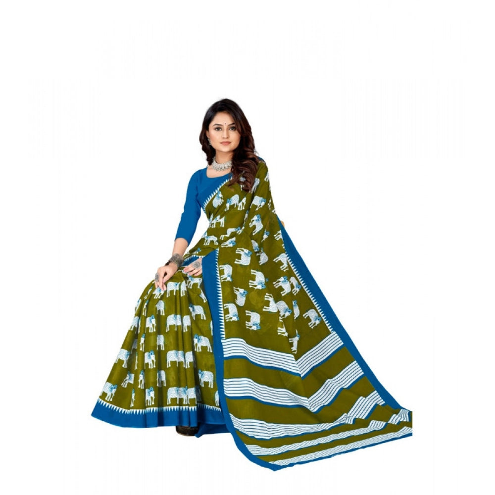 Women's Soft Pure Cotton Printed Saree With Unstitched Blouse 5.5Mtr (Mehendi green)