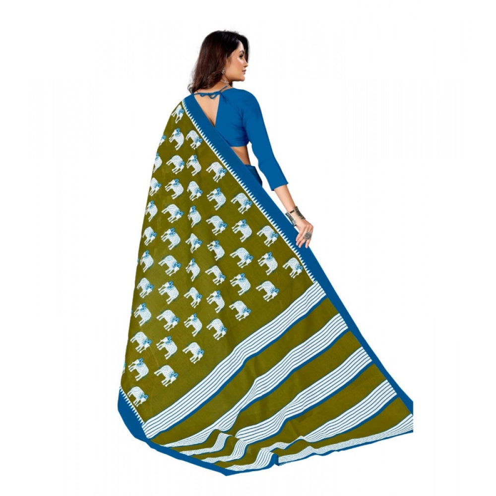 Women's Soft Pure Cotton Printed Saree With Unstitched Blouse 5.5Mtr (Mehendi green)