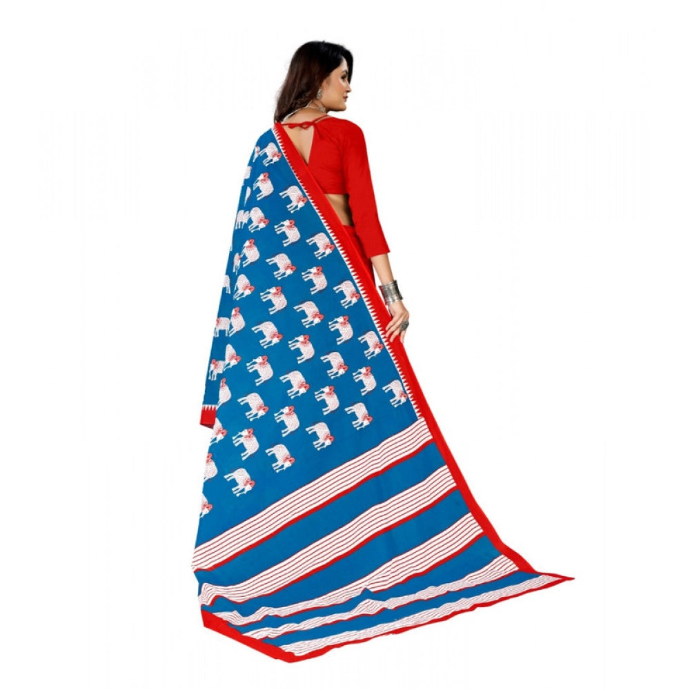 Women's Soft Pure Cotton Printed Saree With Unstitched Blouse 5.5Mtr (Blue)