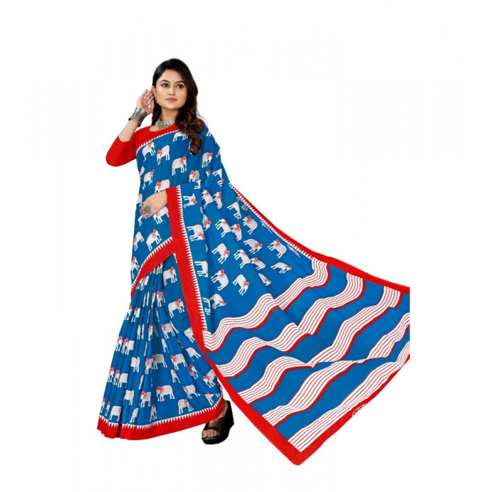Women's Soft Pure Cotton Printed Saree With Unstitched Blouse 5.5Mtr (Blue)