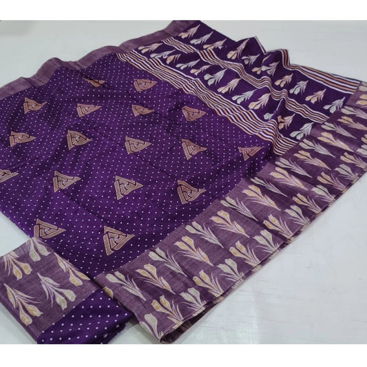 Women's Cotton Silk Printed Saree With Unstitched Blouse (Purple, 5-5 Mtrs)