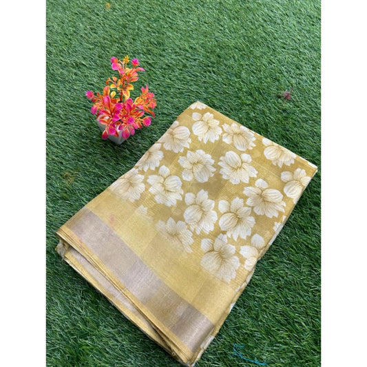 Women's Cotton Printed Saree With Unstitched Blouse (Yellow, 5-5 Mtrs)