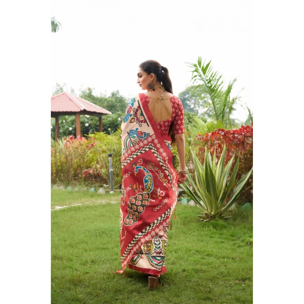 Women's Tussar Silk Printed Saree With Unstitched Blouse (Maroon, 5.5 Mtr)