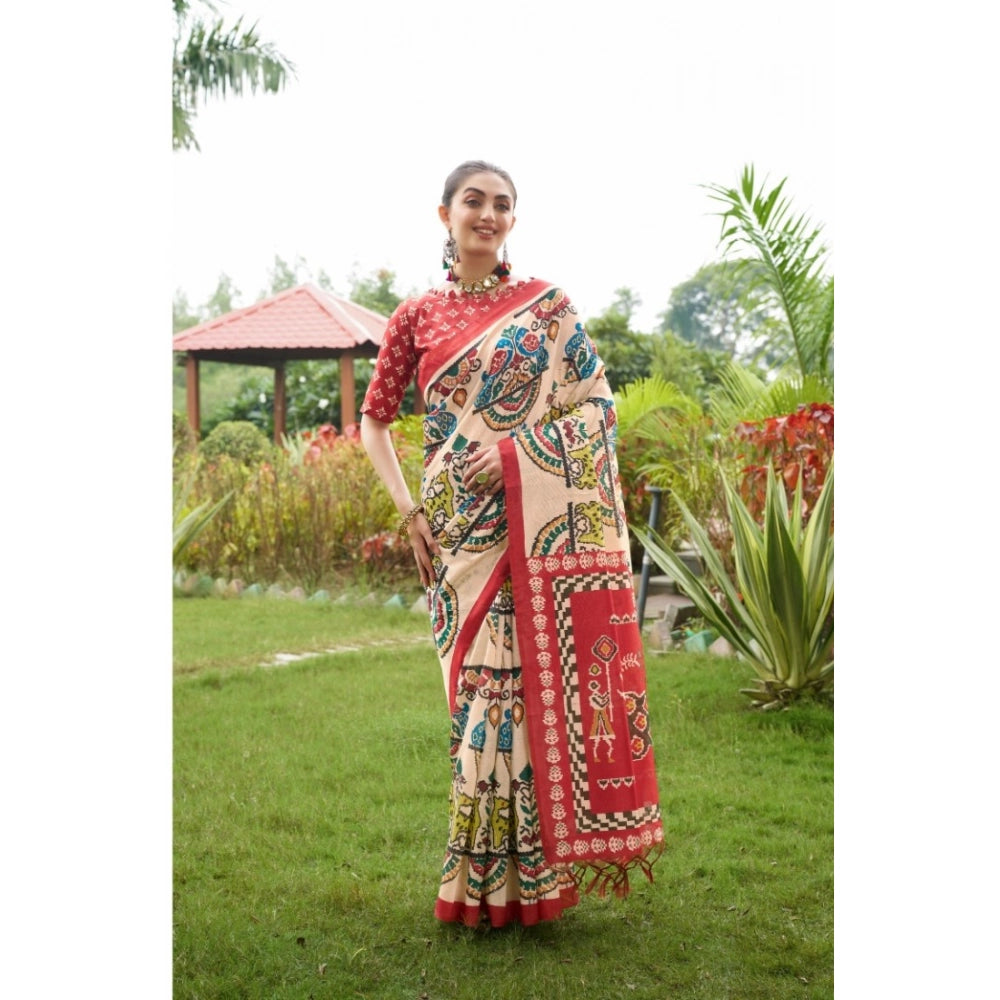 Women's Tussar Silk Printed Saree With Unstitched Blouse (Maroon, 5.5 Mtr)